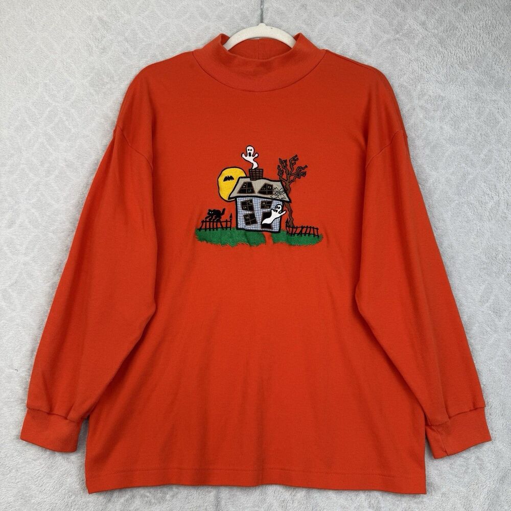 Vtg Halloween Mock Neck Sweatshirt Womens L Petite Haunted House Ghost Black Cat